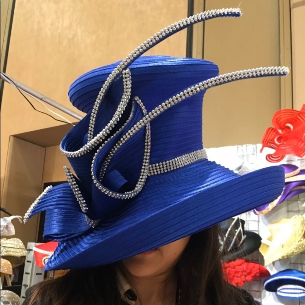 Last One! -NEW Charm NY Royal Blue RHINESTONE Wide Brim HAT CHURCH COGIC DERBY